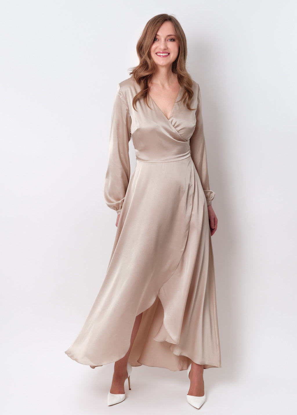 Champagne beige silk long wrap dress