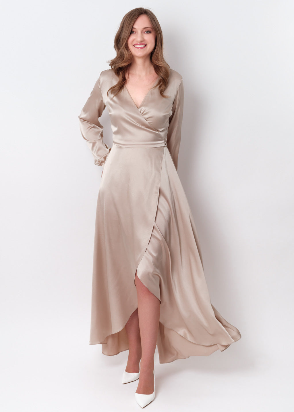 Champagne beige silk long wrap dress