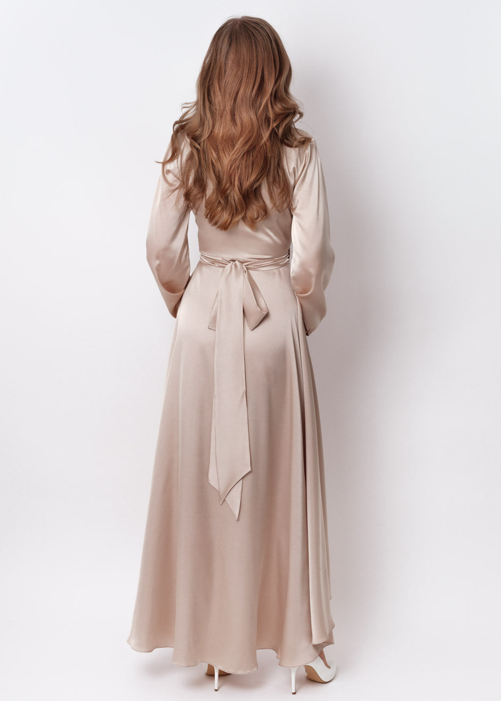 Champagne beige silk long wrap dress