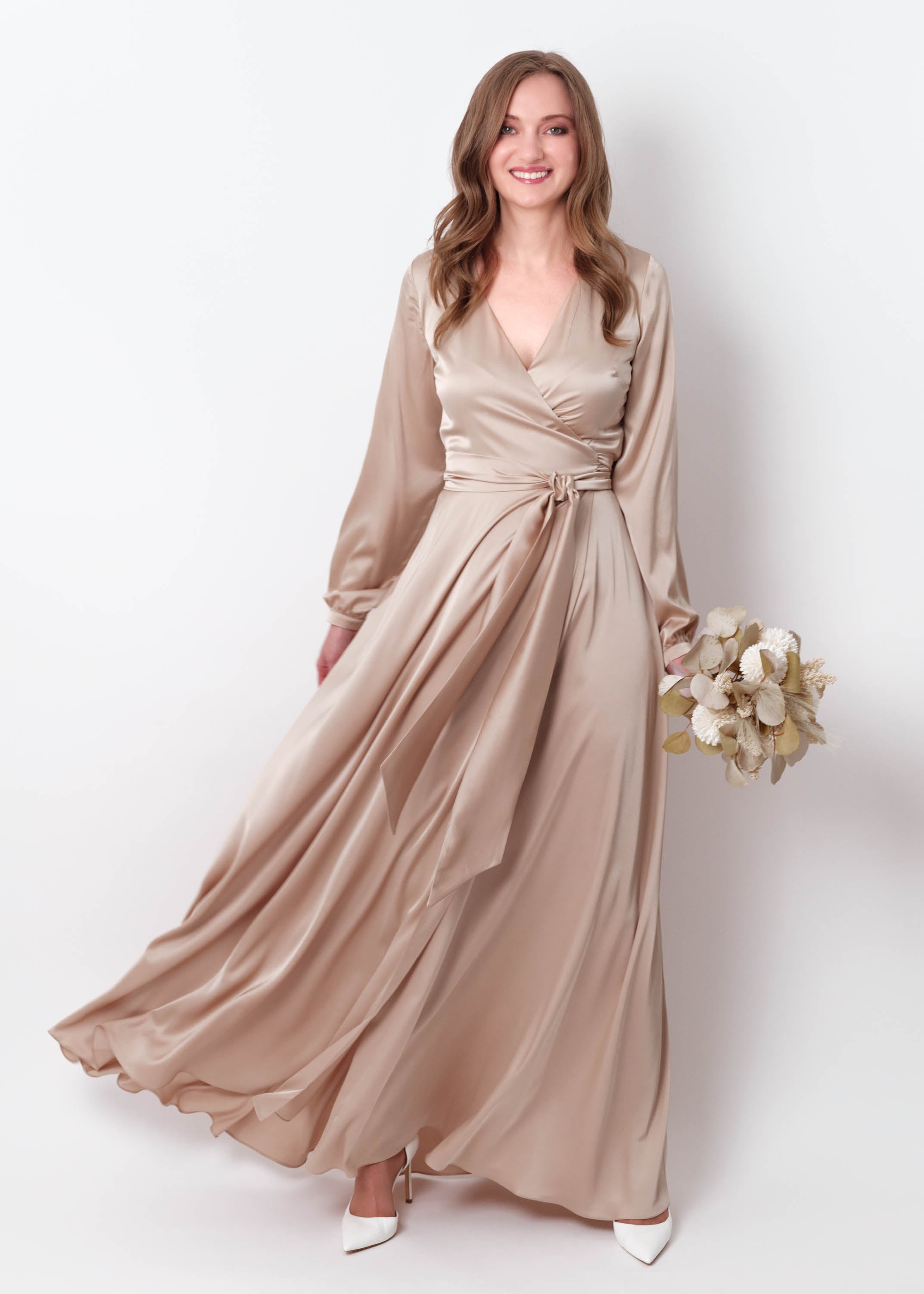 Champagne beige wrap long dress