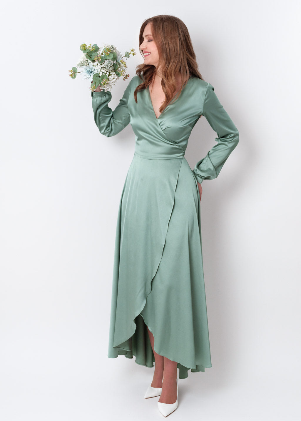 Sage green silk long wrap dress