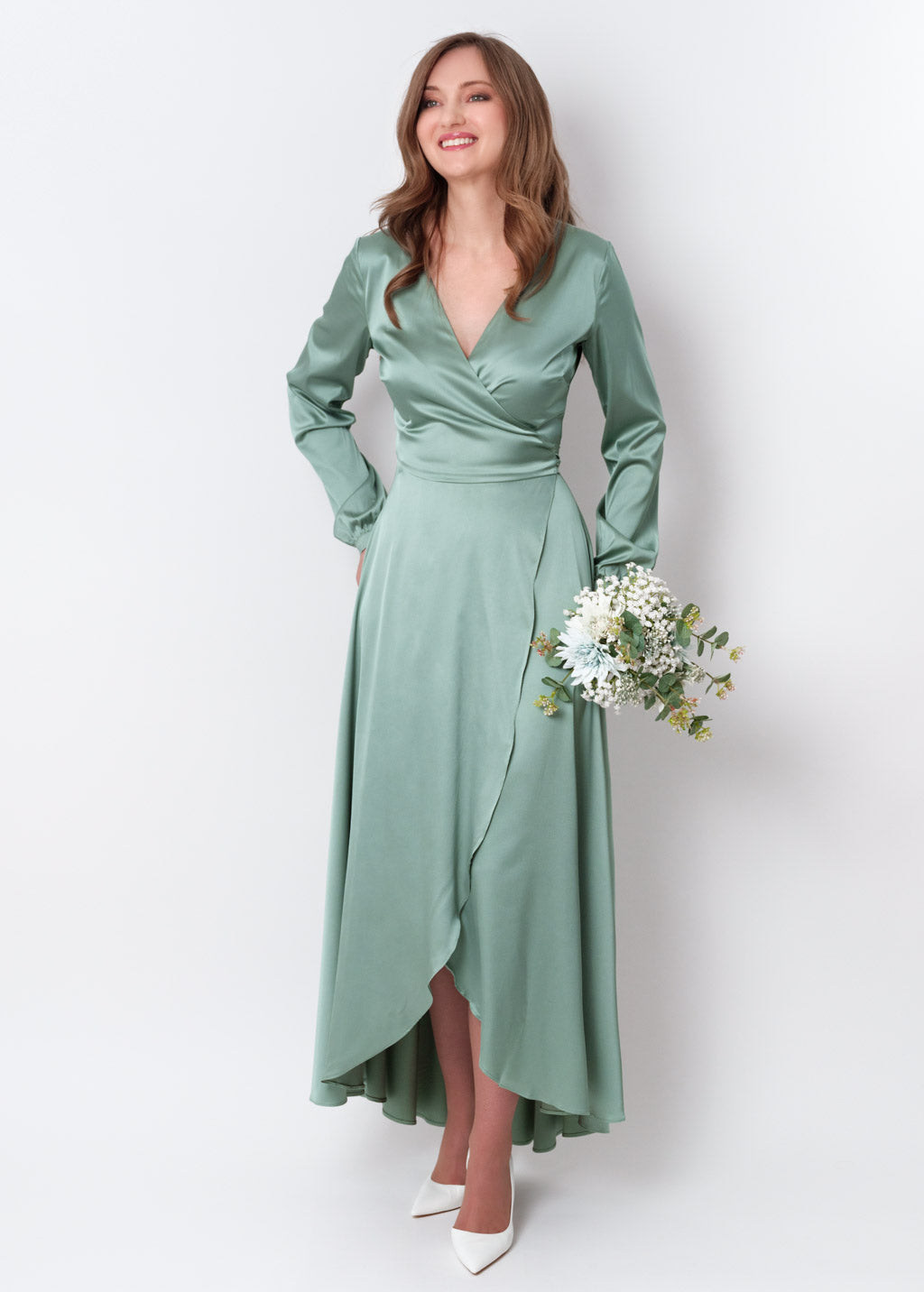 Sage green silk long wrap dress
