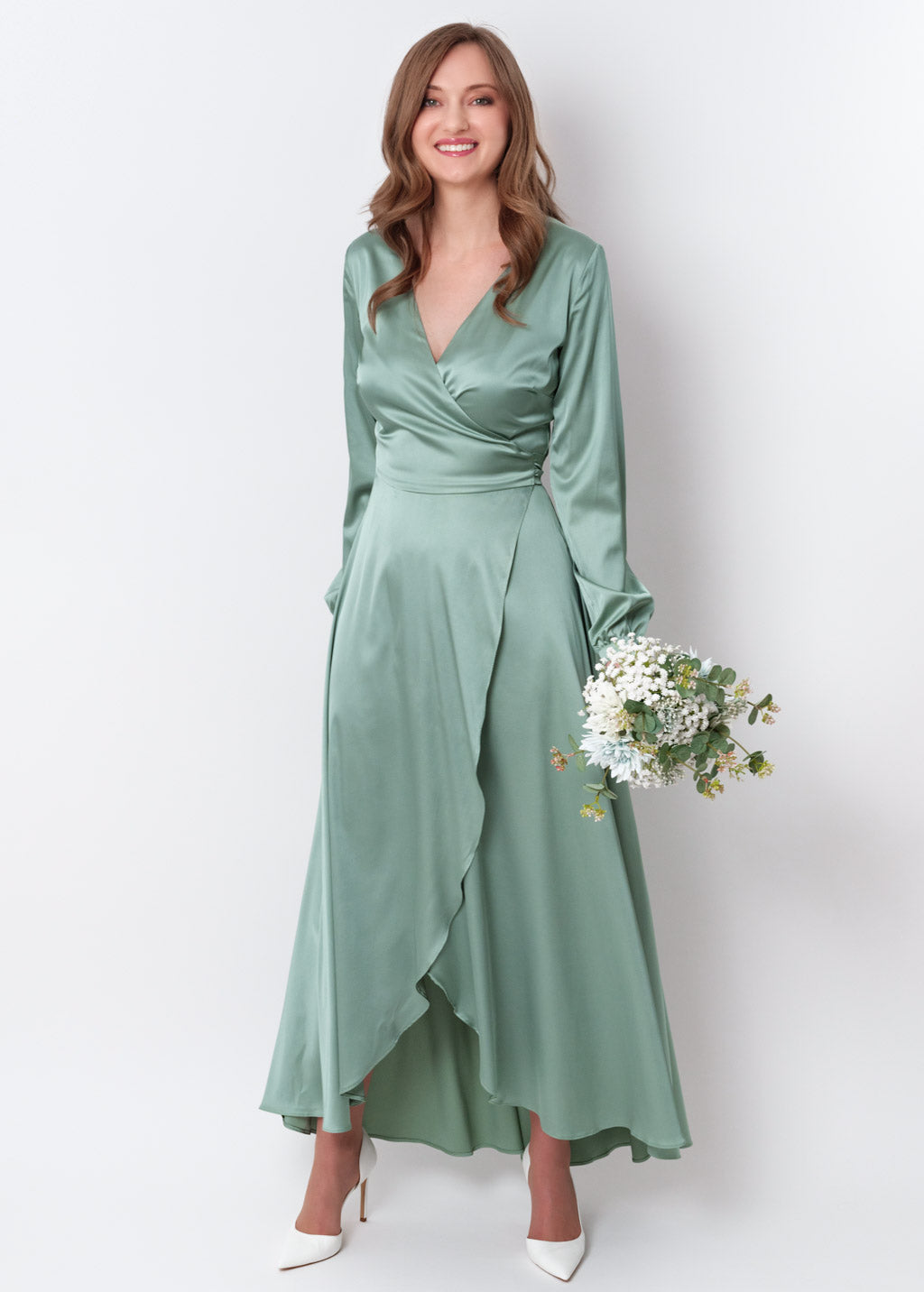 Sage green silk long wrap dress