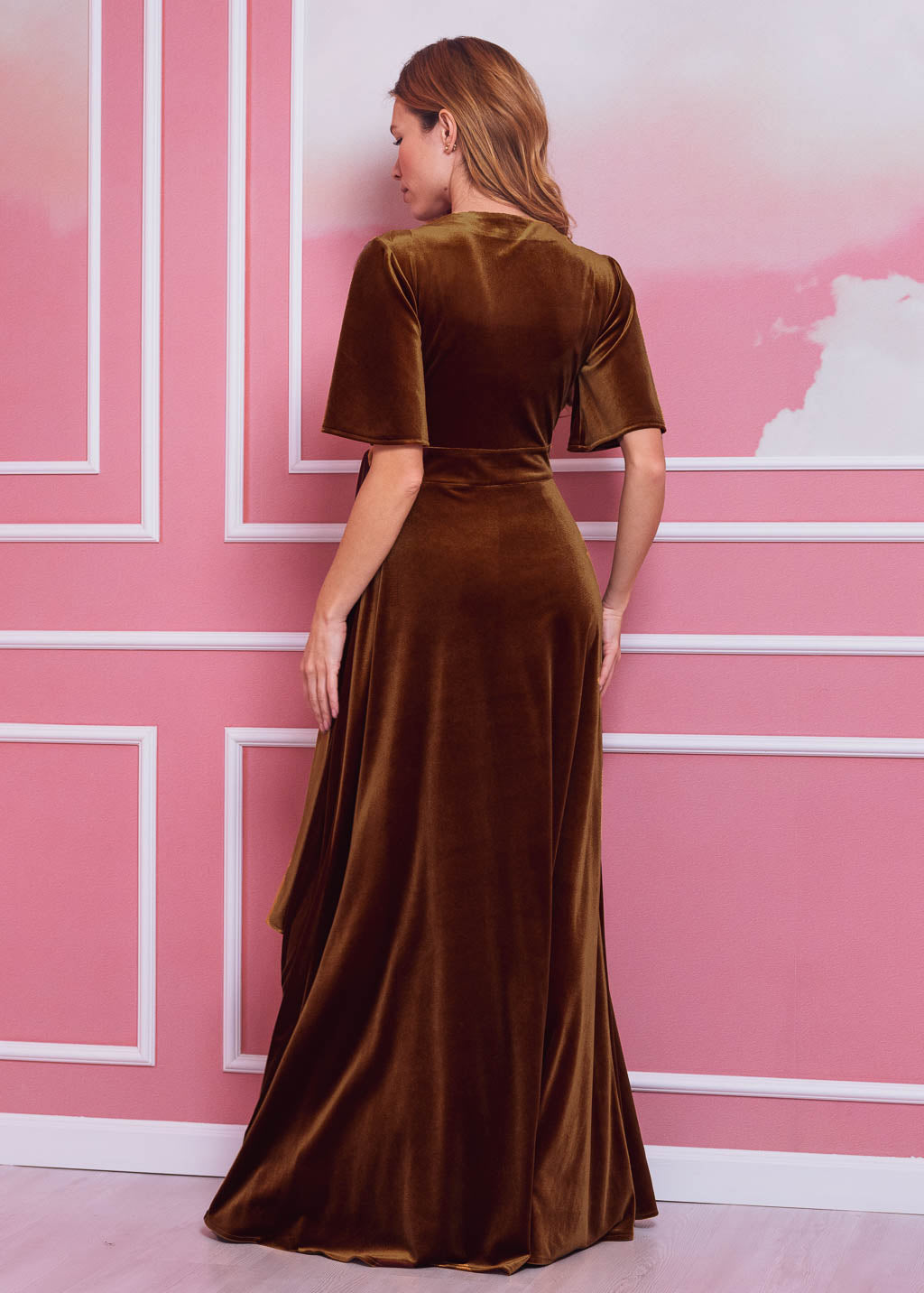 Rust gold elegant long wrap dress