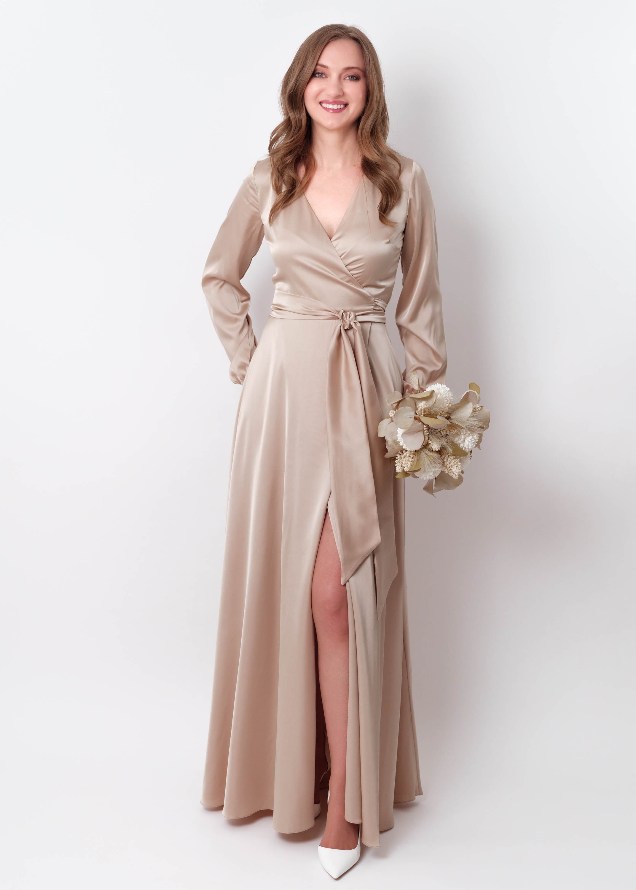 Champagne beige wrap long dress