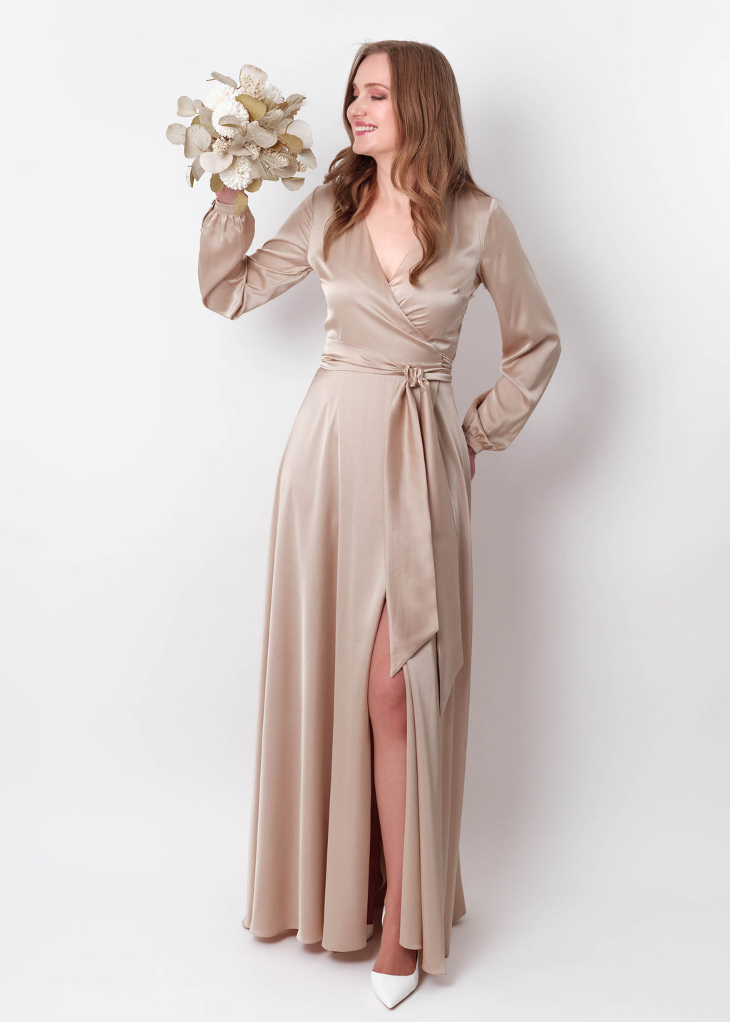 Champagne beige wrap long dress
