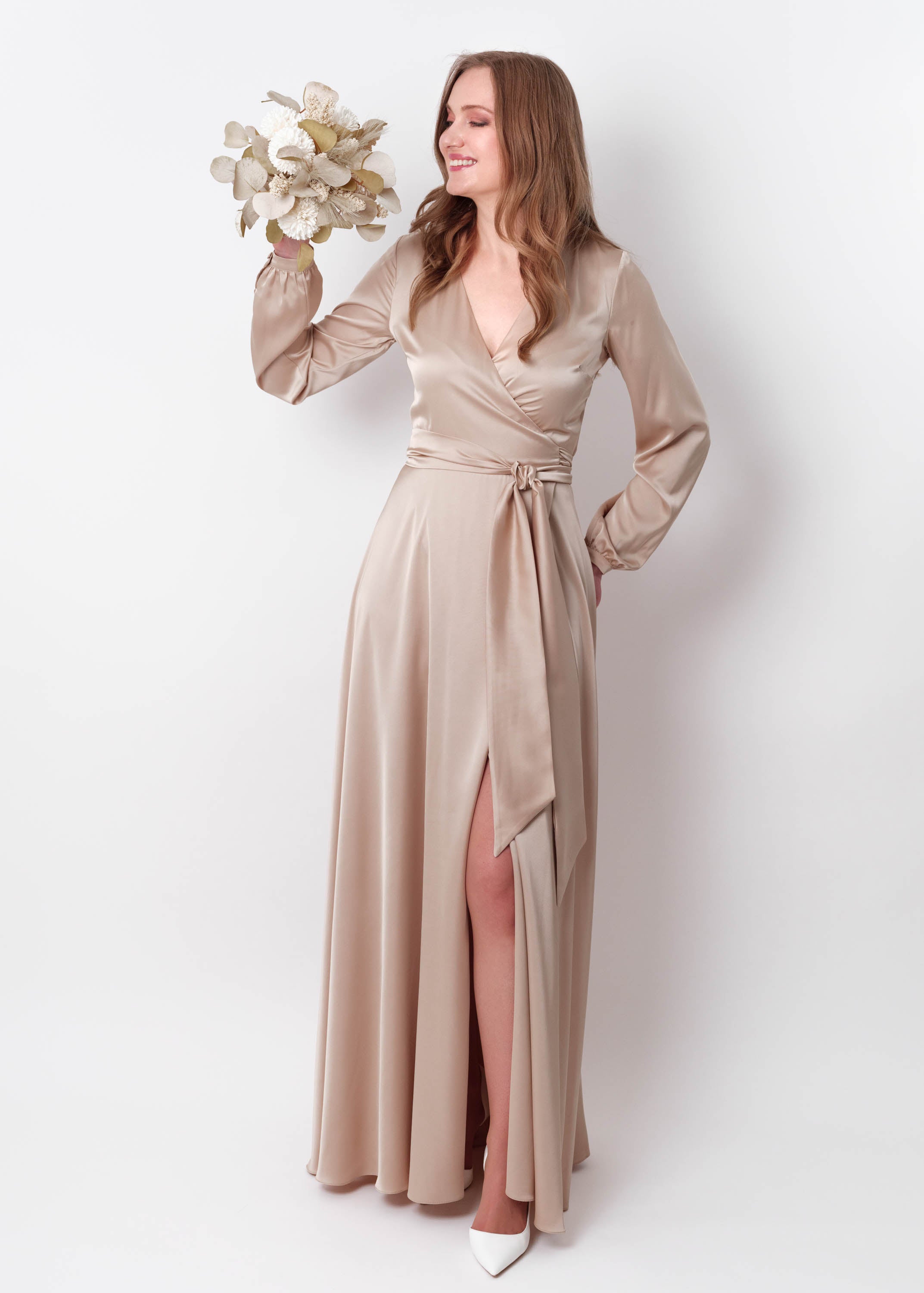 Champagne beige wrap long dress
