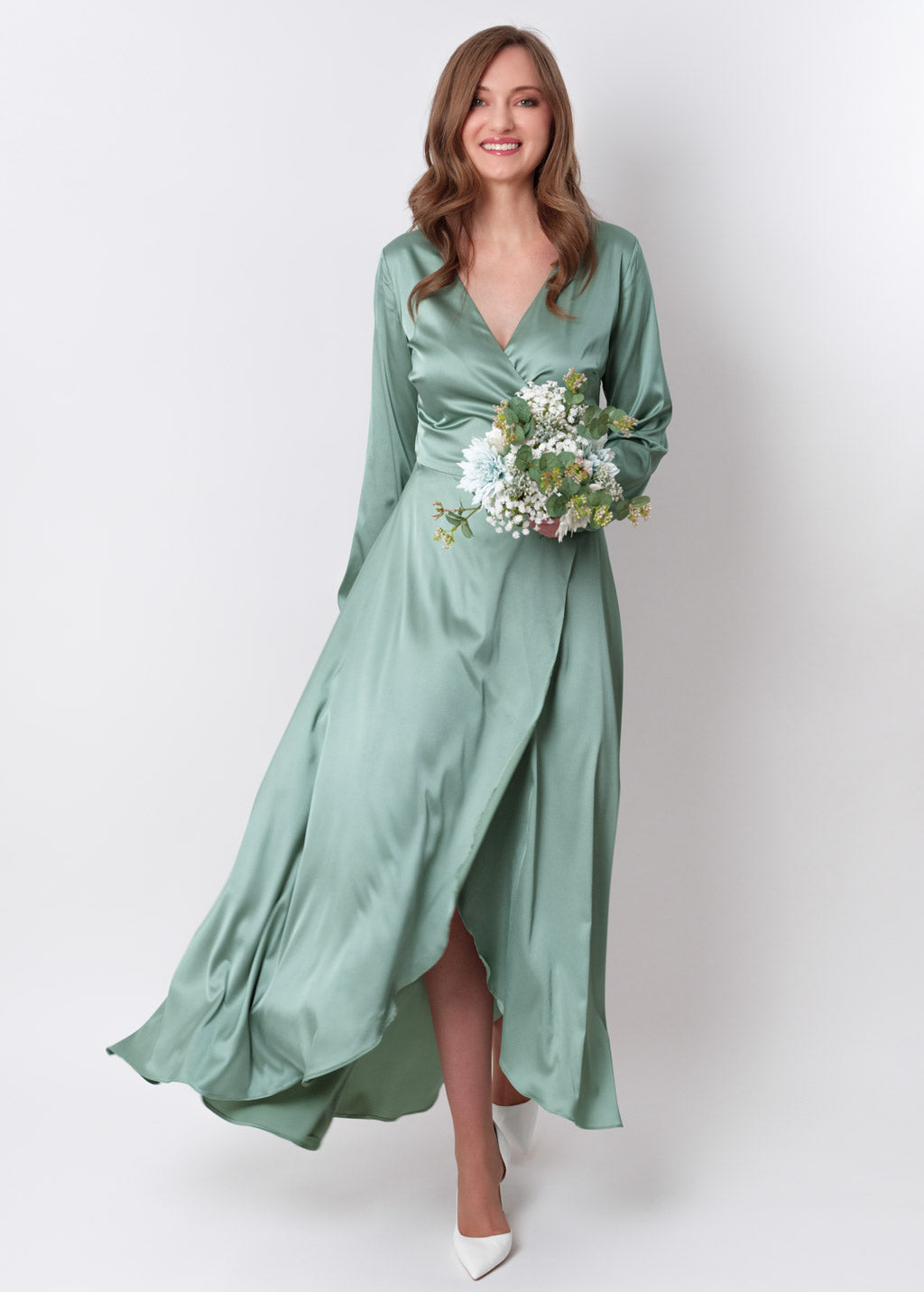 Sage green silk long wrap dress
