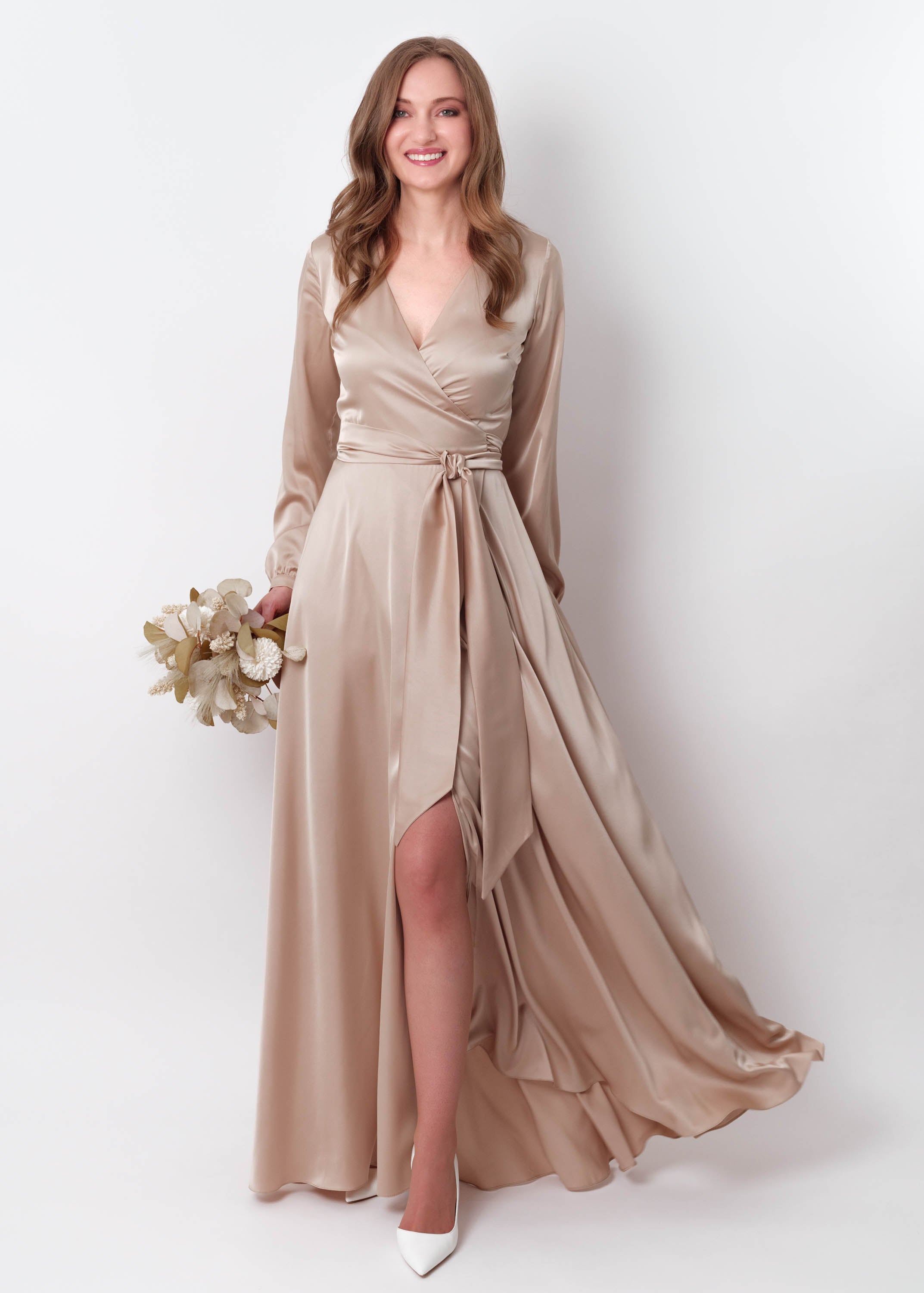 Champagne beige wrap long dress