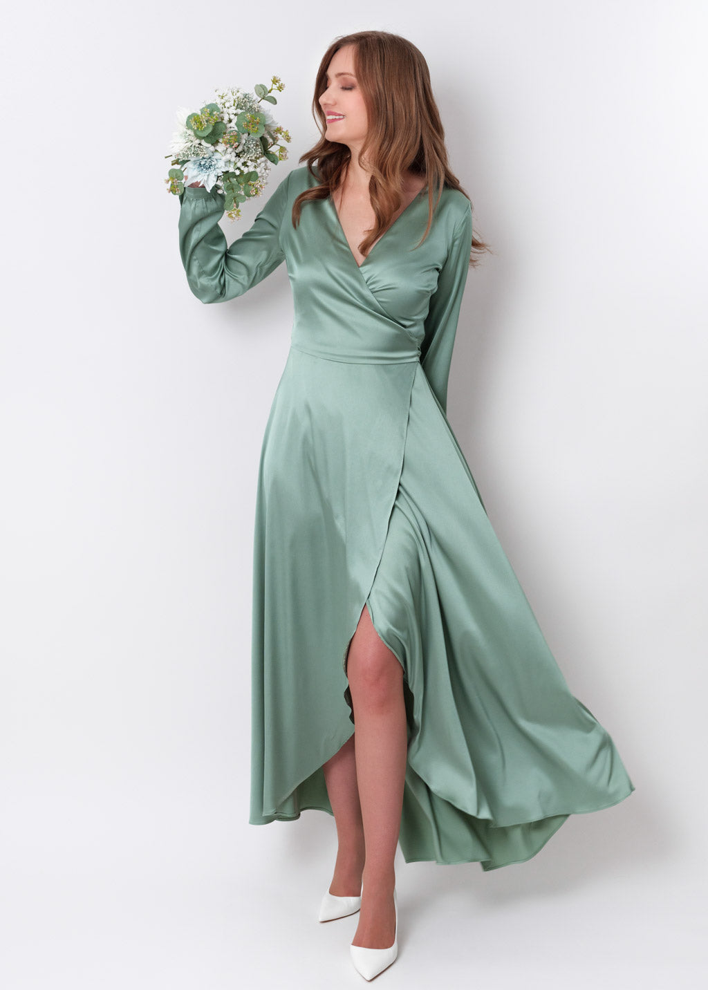 Sage green silk long wrap dress