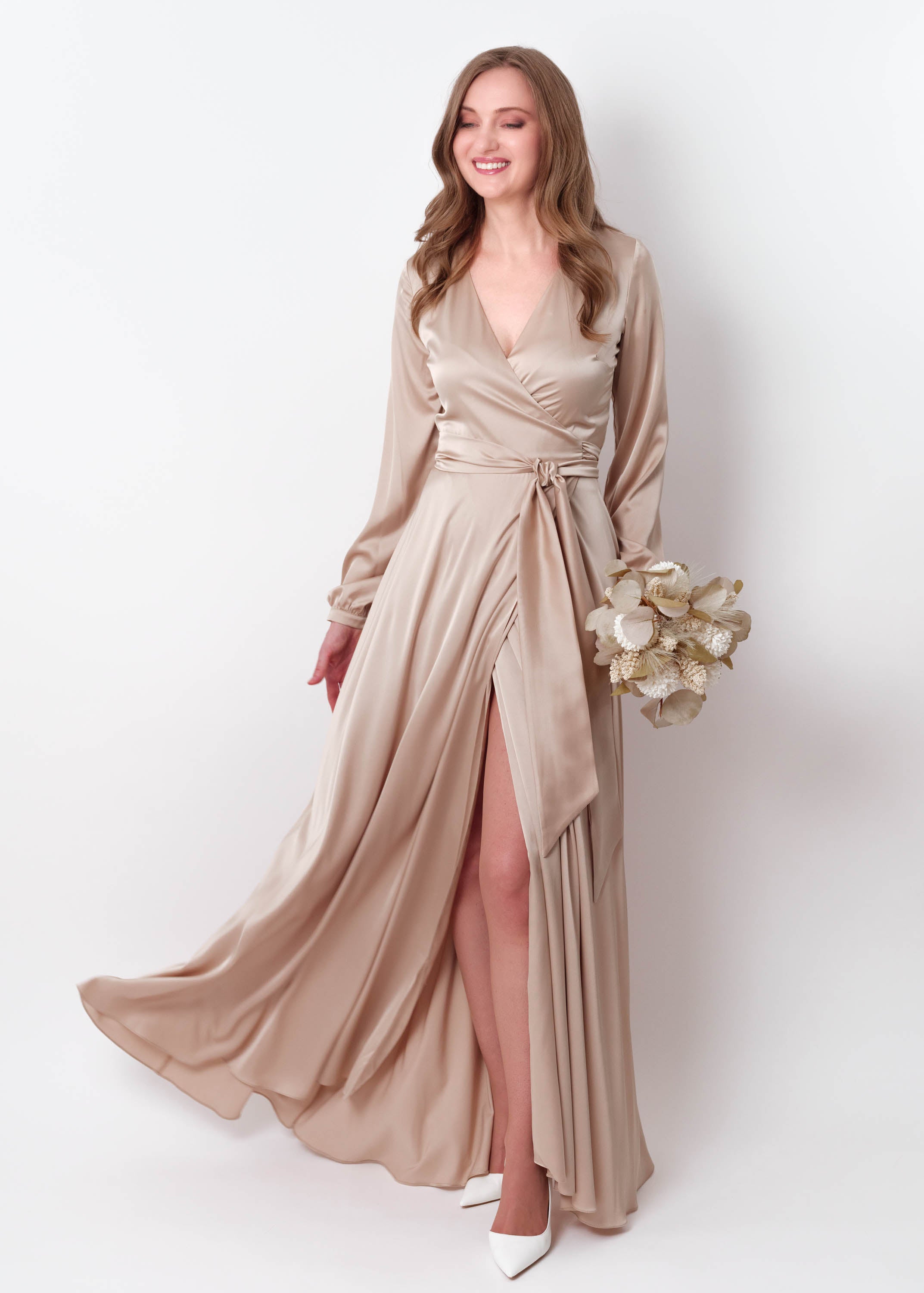 Champagne beige wrap long dress