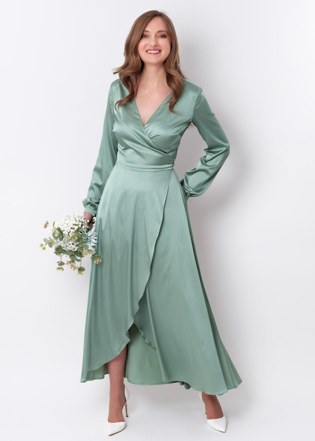 Sage green silk long wrap dress