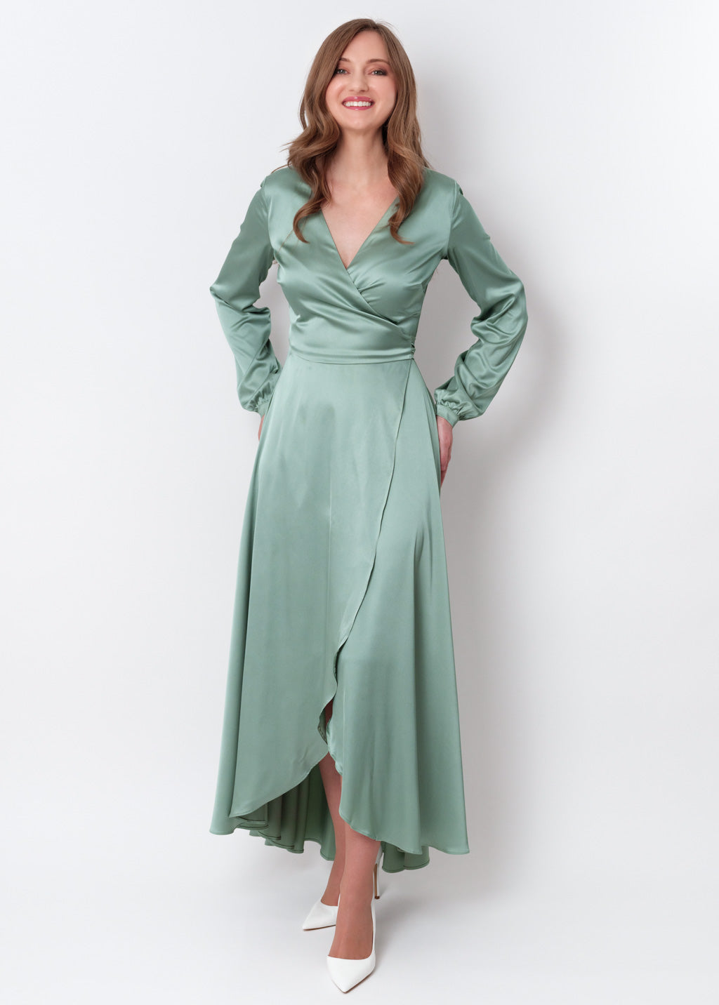 Sage green silk long wrap dress