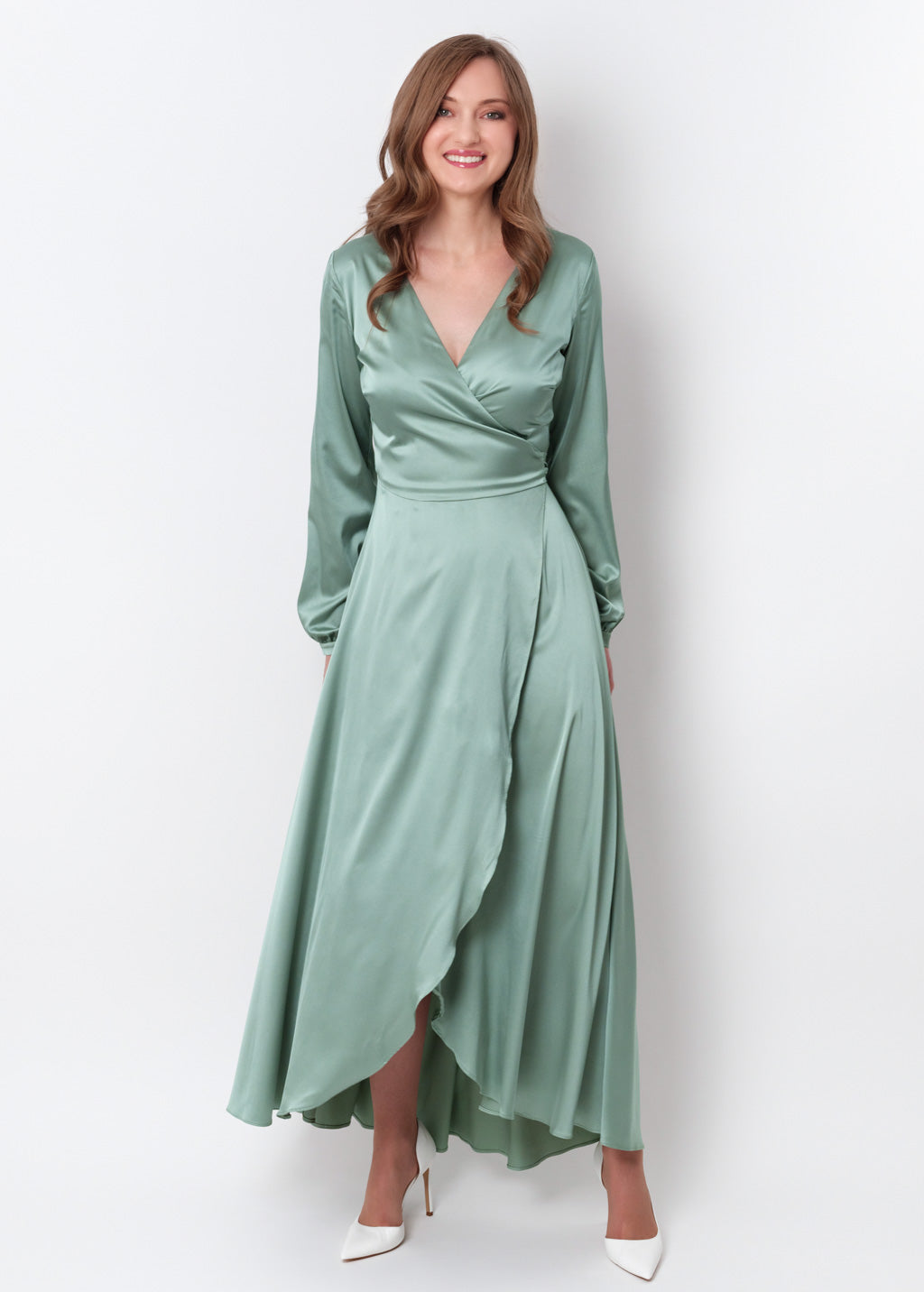 Sage green silk long wrap dress