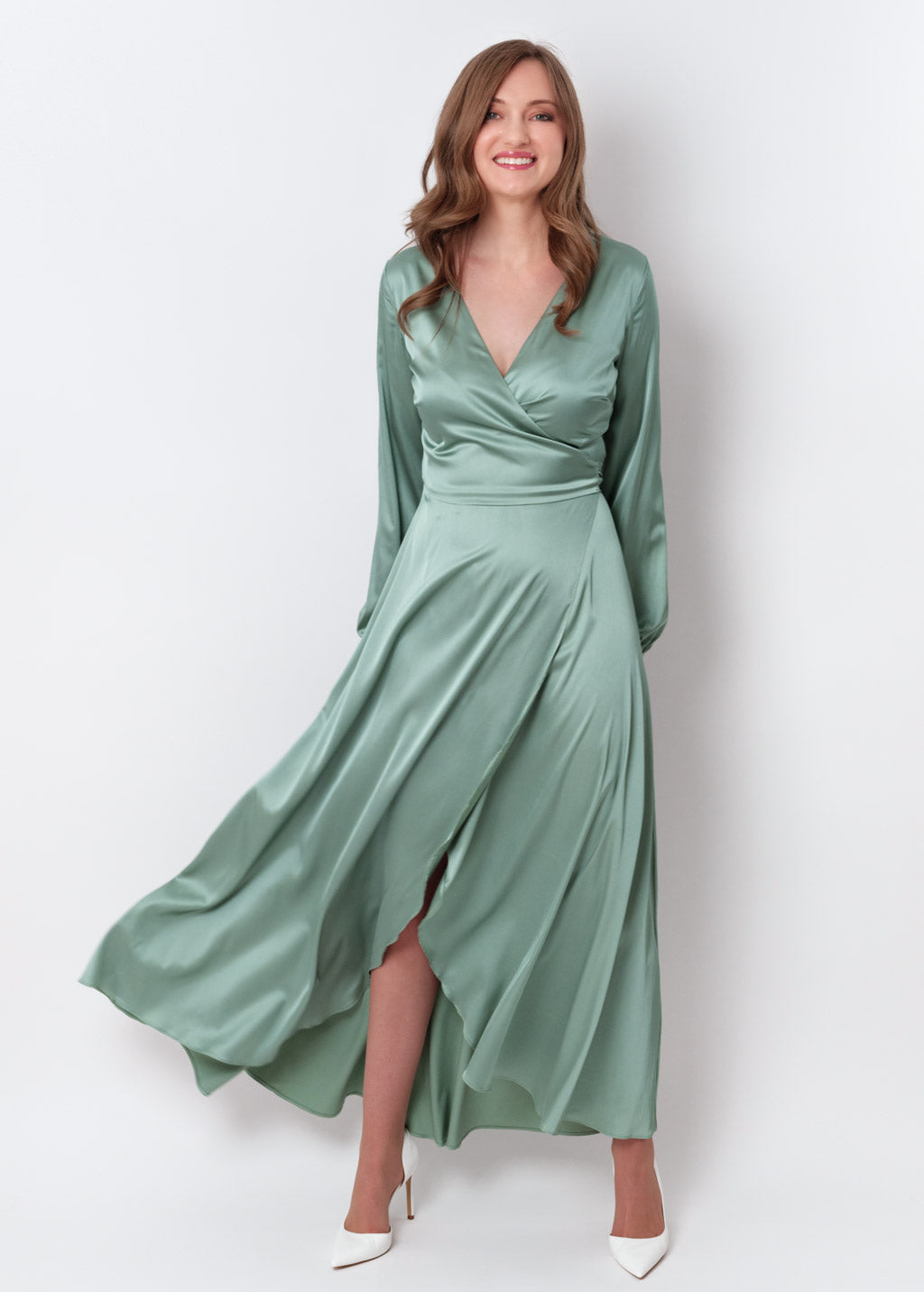 Sage green silk long wrap dress