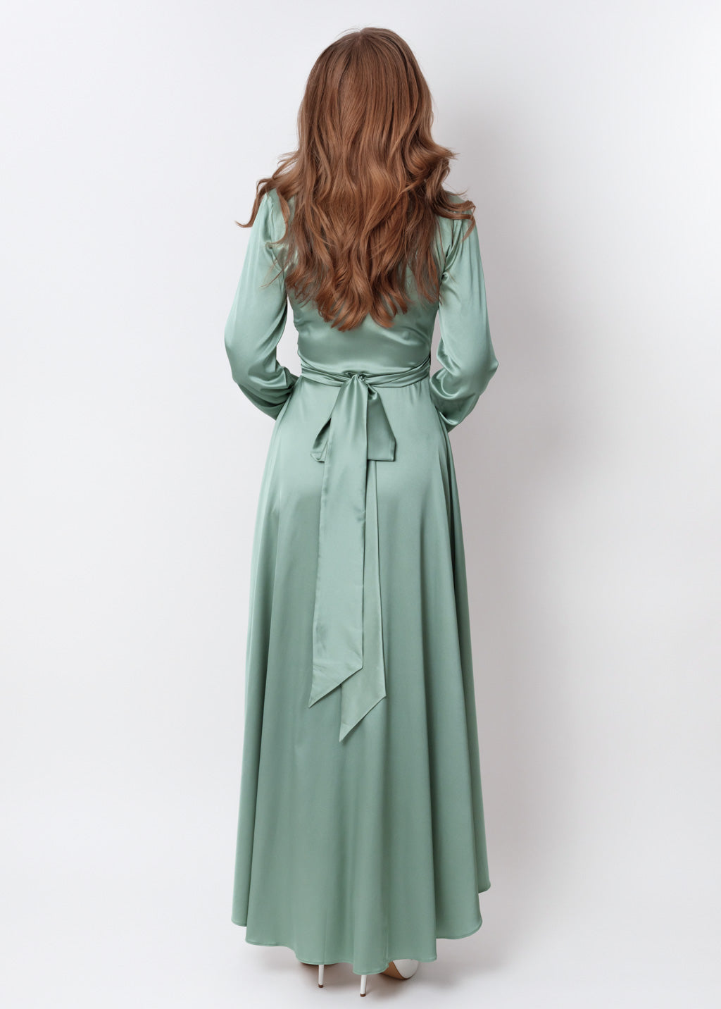 Sage green silk long wrap dress