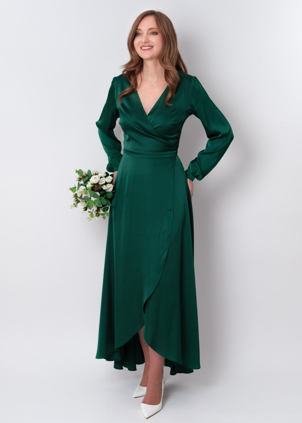 Dark green silk long wrap dress