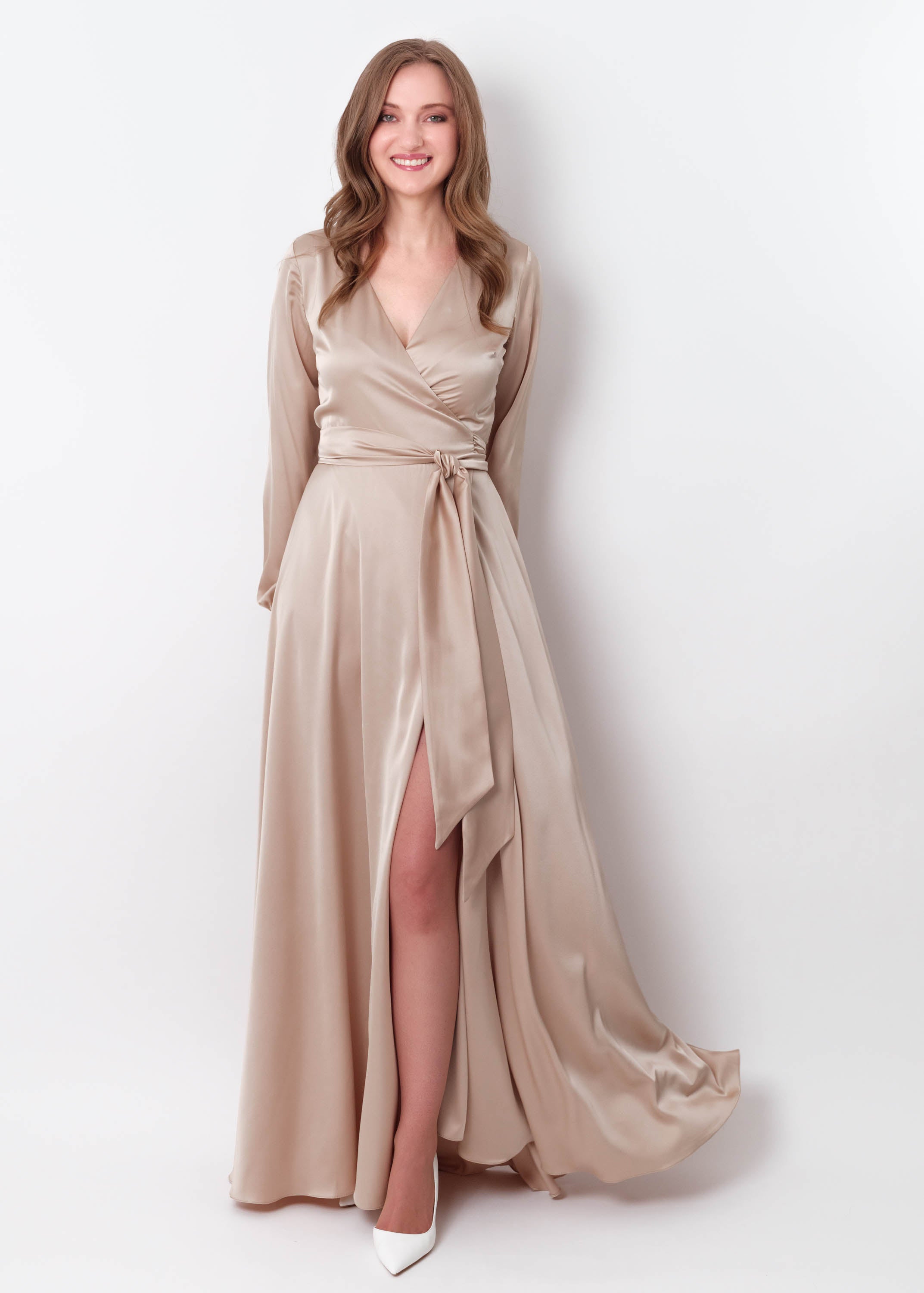 Champagne beige wrap long dress