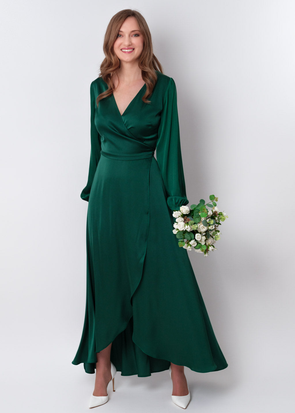Dark green silk long wrap dress