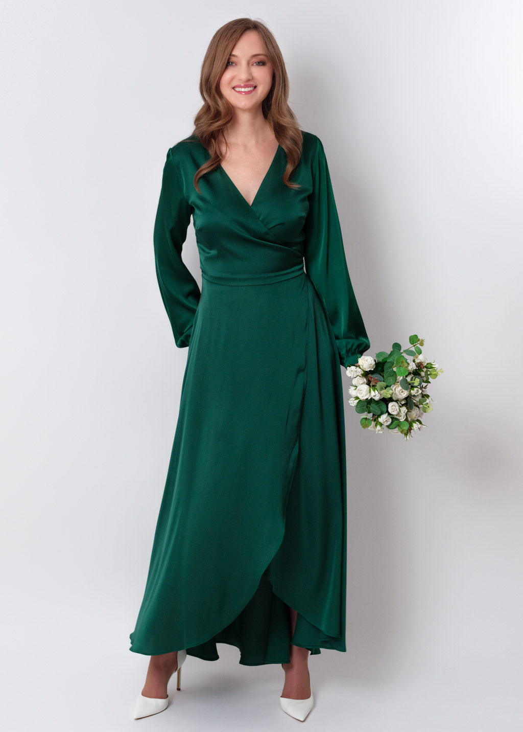 Dark green silk long wrap dress
