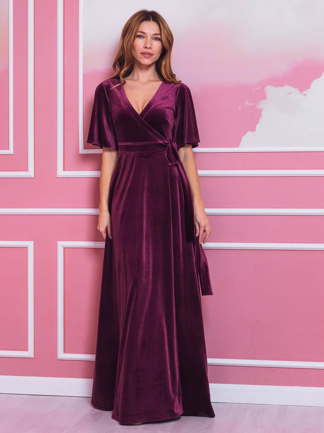 Plum burgundy elegant long wrap dress