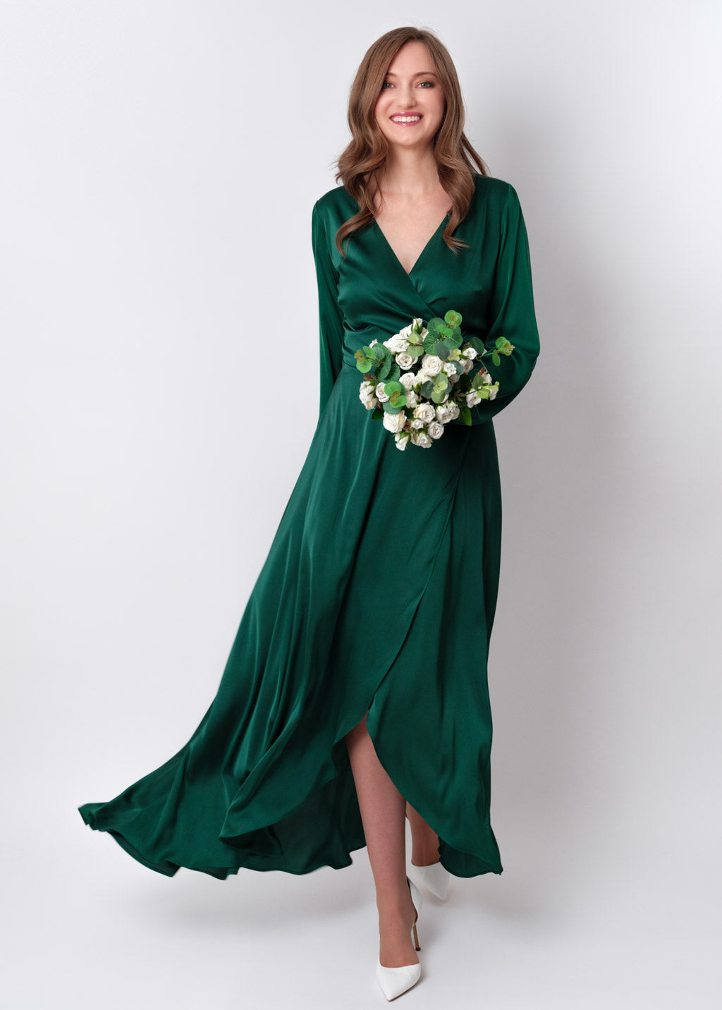 Dark green silk long wrap dress