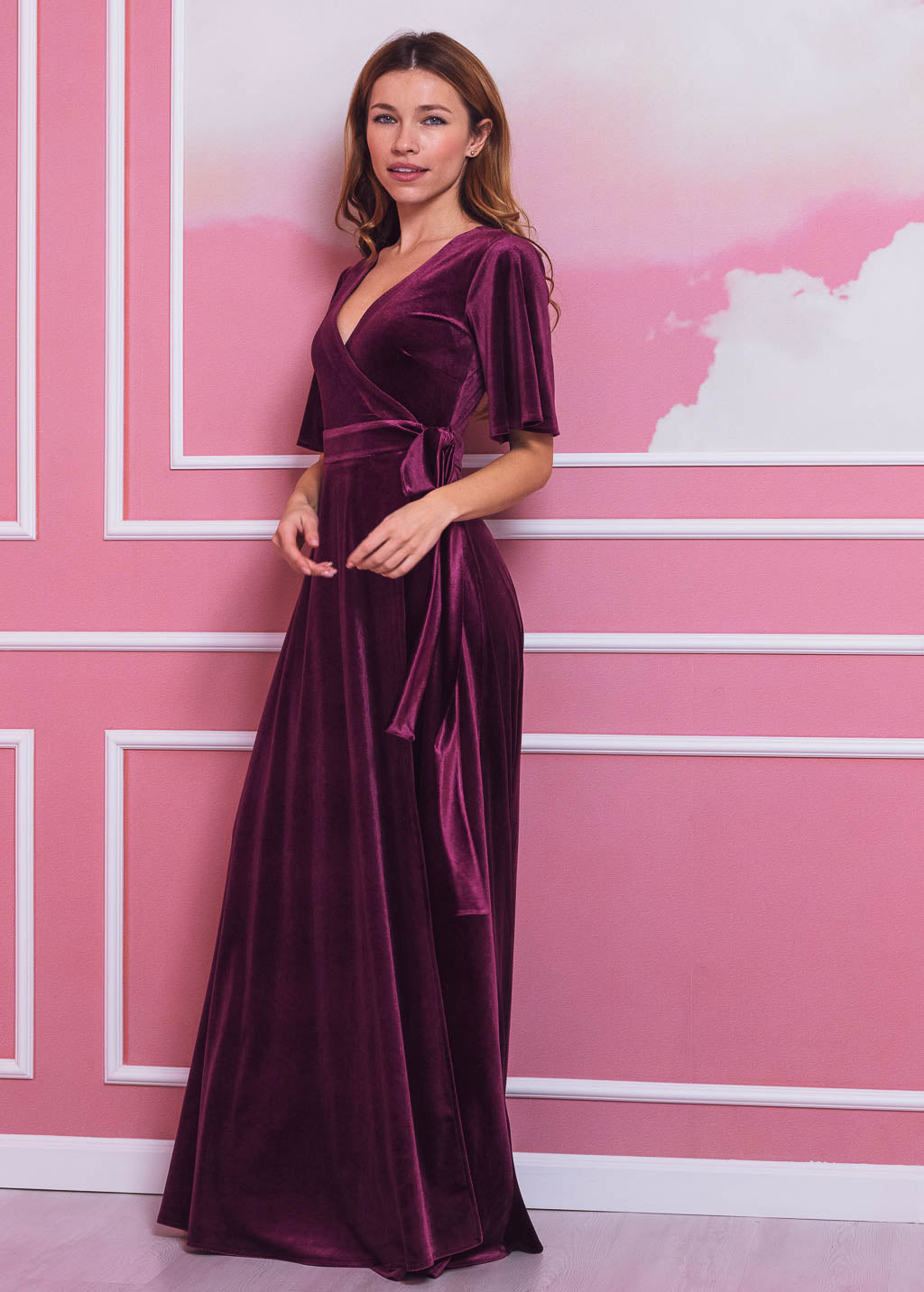 Plum burgundy elegant long wrap dress
