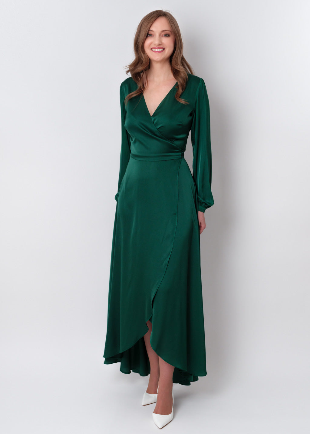 Dark green silk long wrap dress