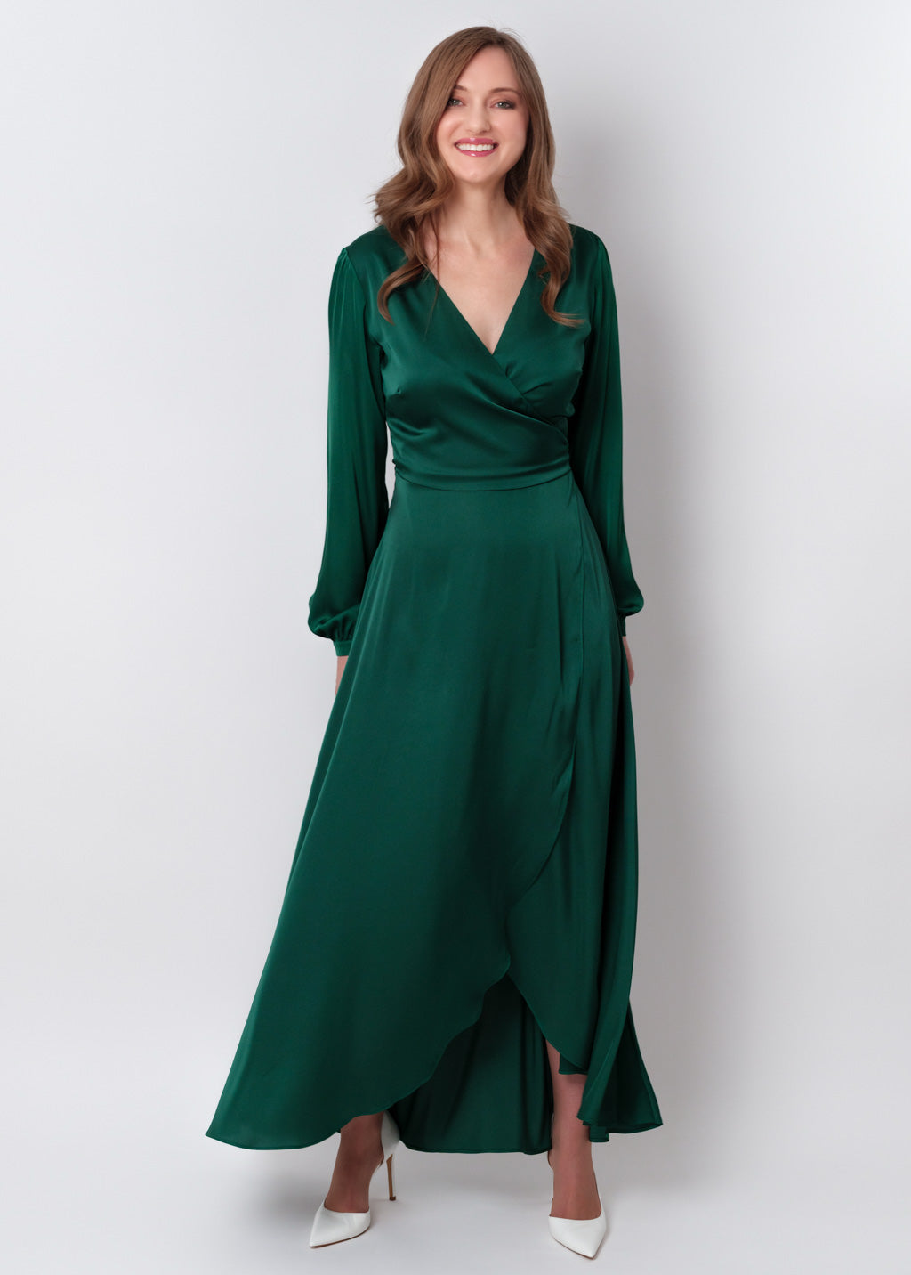 Dark green silk long wrap dress