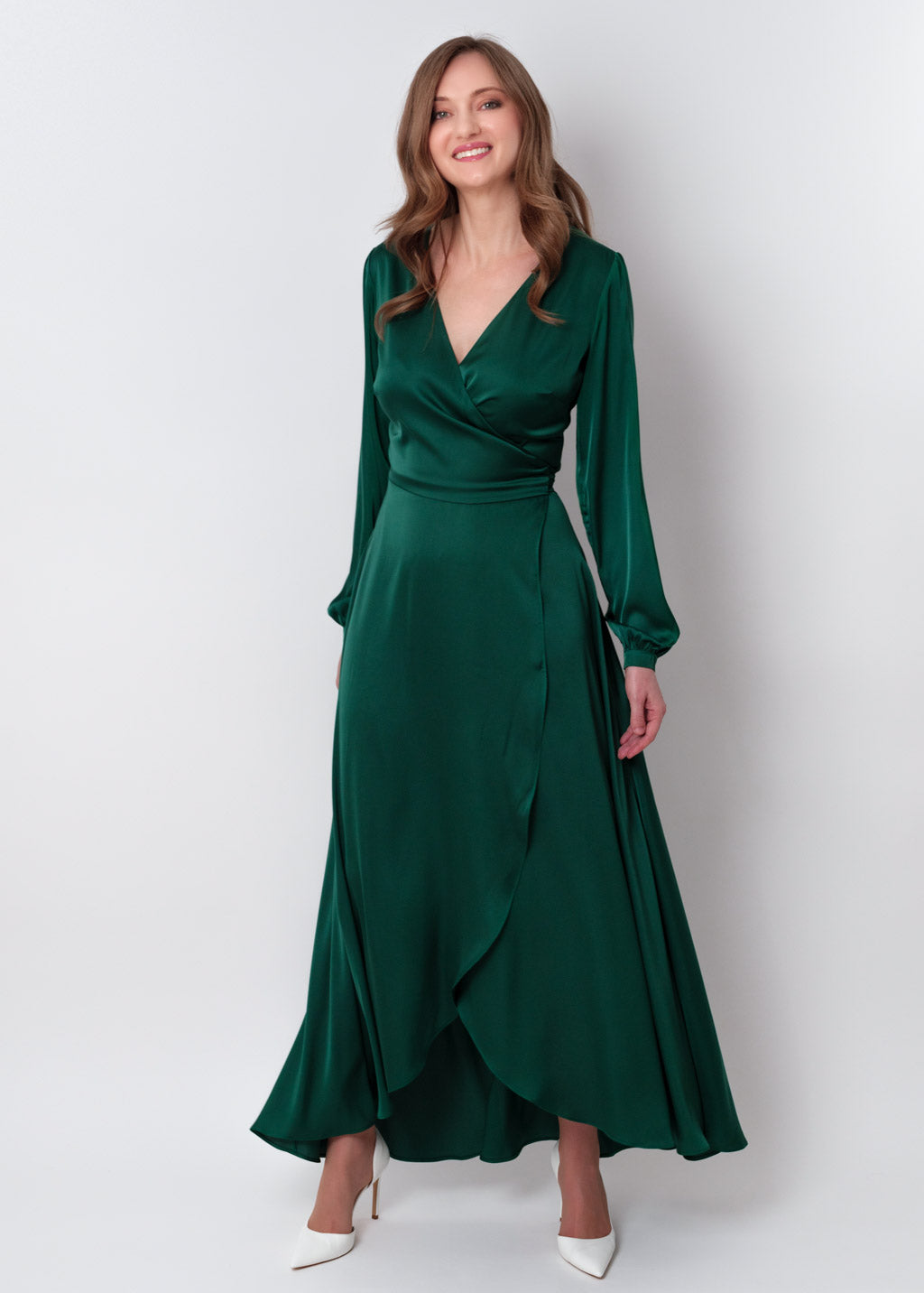 Dark green silk long wrap dress