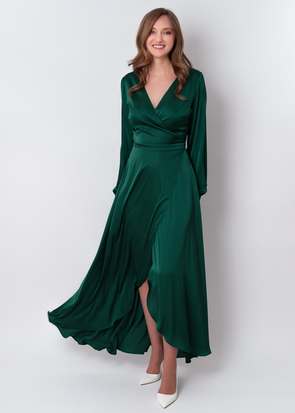 Dark green silk long wrap dress