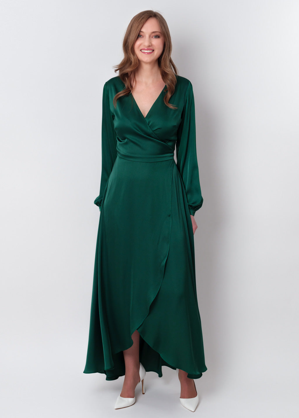 Dark green silk long wrap dress