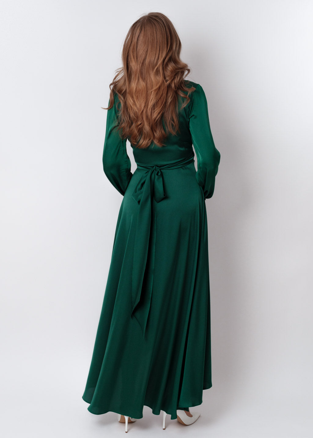 Dark green silk long wrap dress