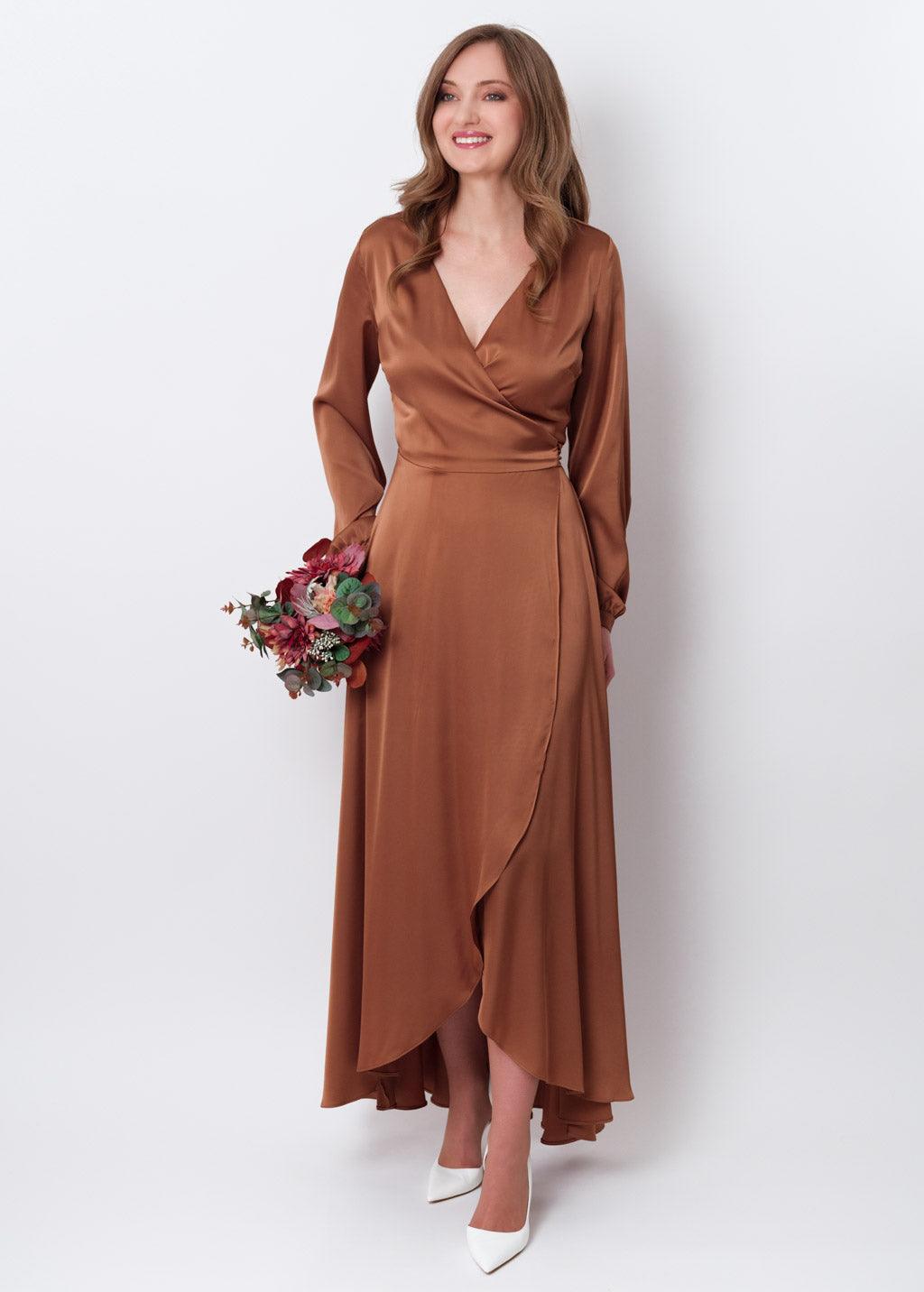 Copper gold silk long wrap dress