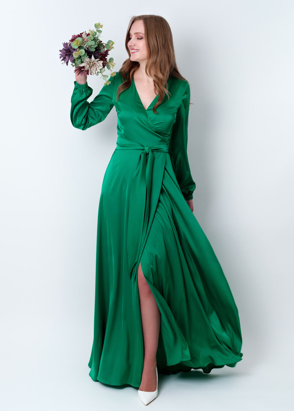 Emerald green wrap long dress