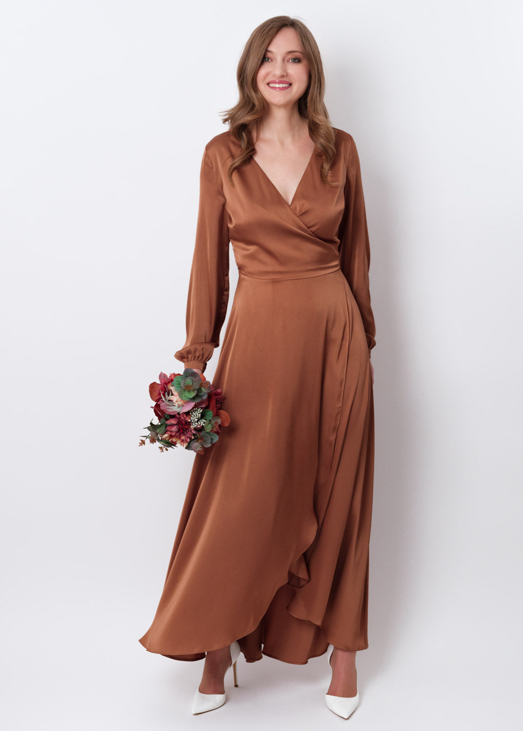 Copper gold silk long wrap dress