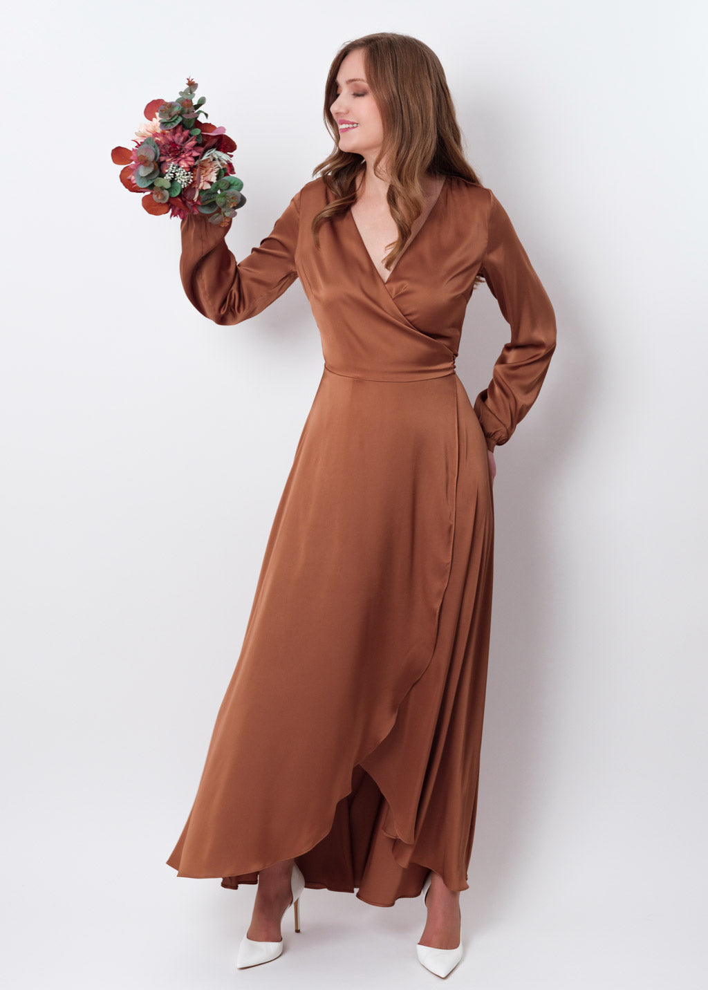 Copper gold silk long wrap dress