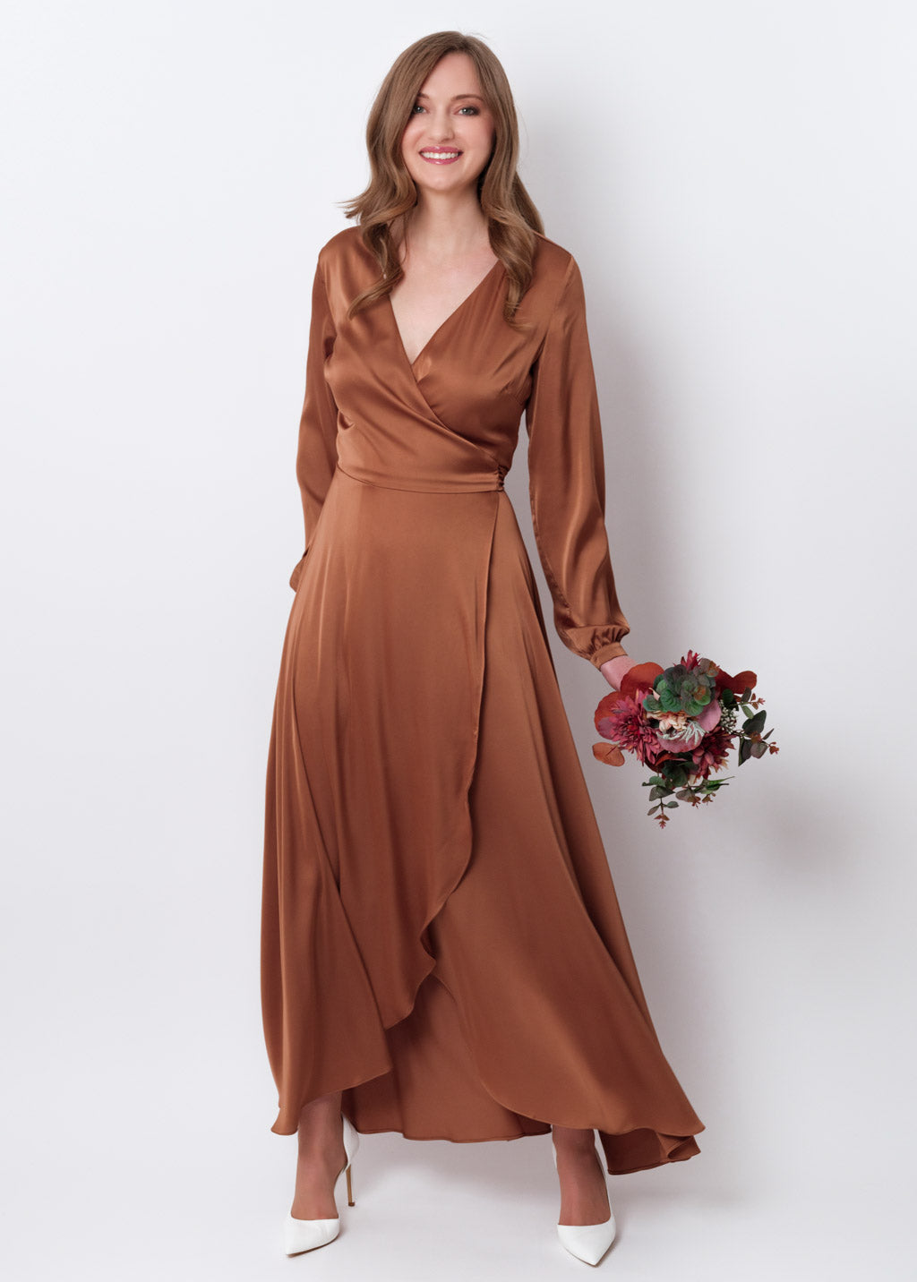 Copper gold silk long wrap dress