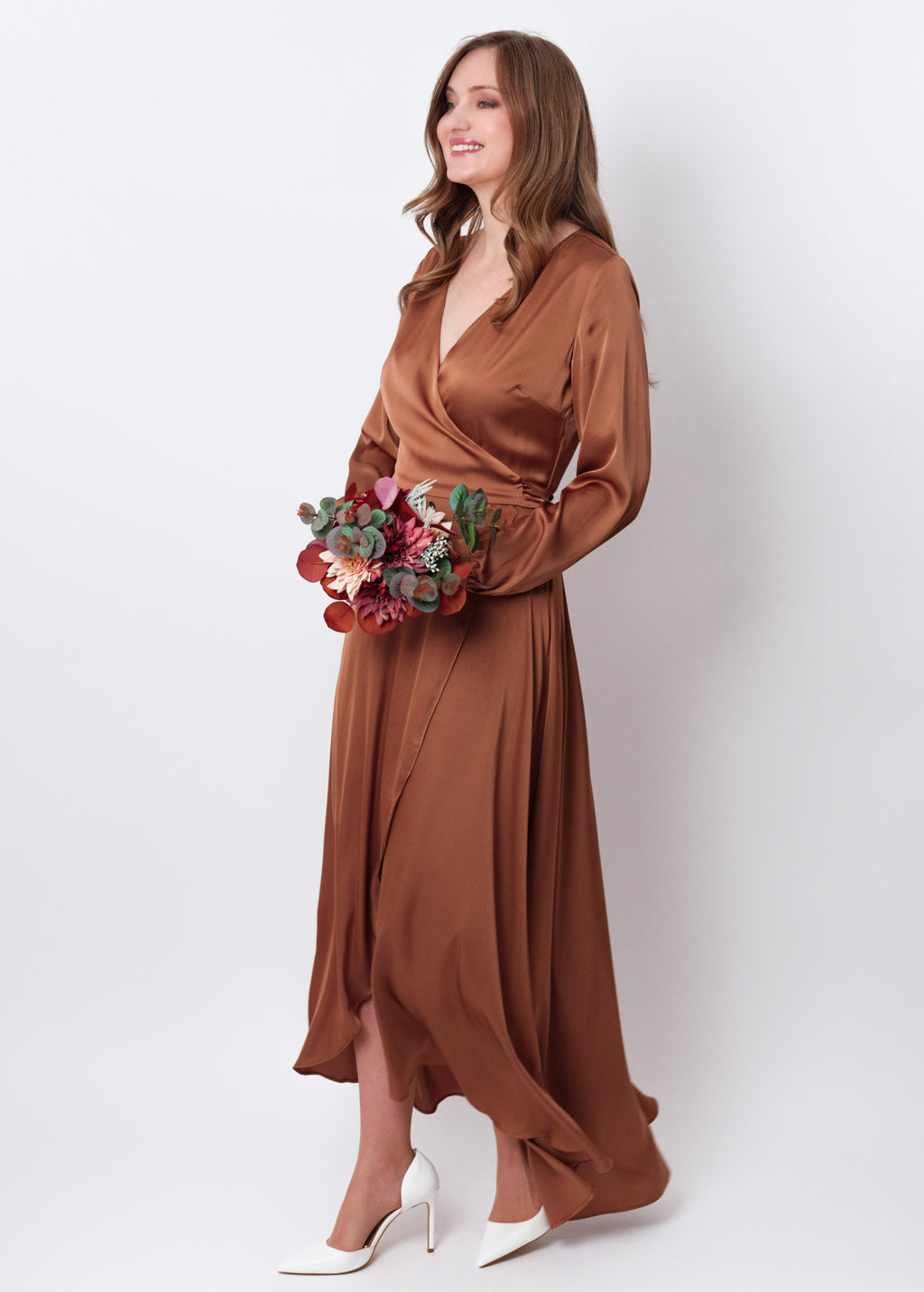 Copper gold silk long wrap dress