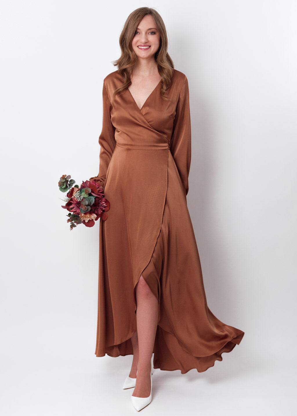 Copper gold silk long wrap dress
