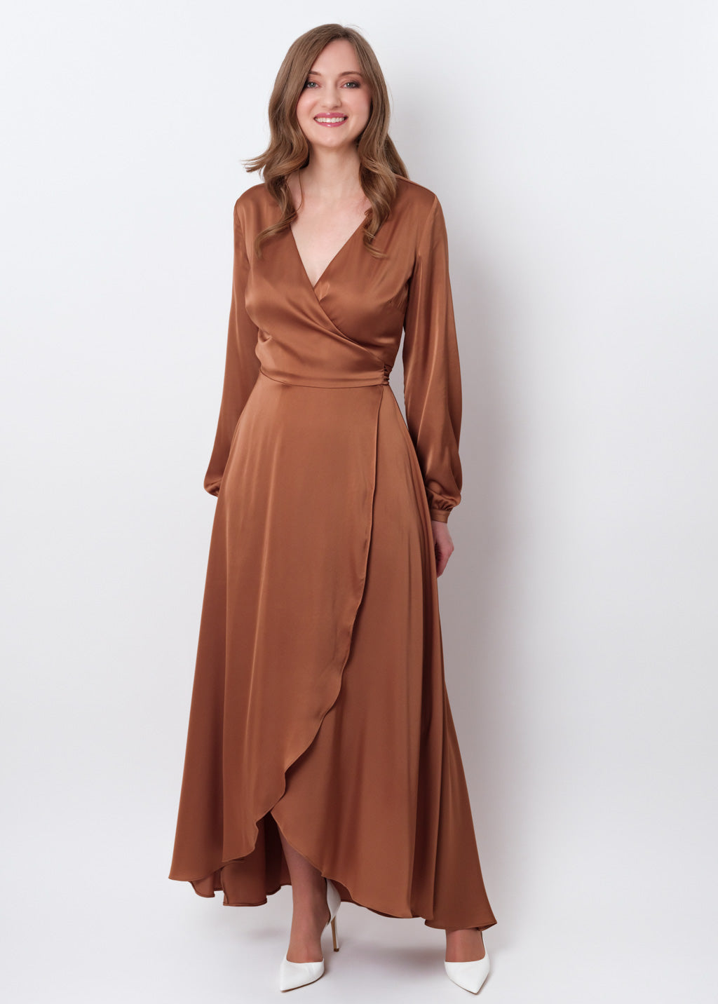 Copper gold silk long wrap dress