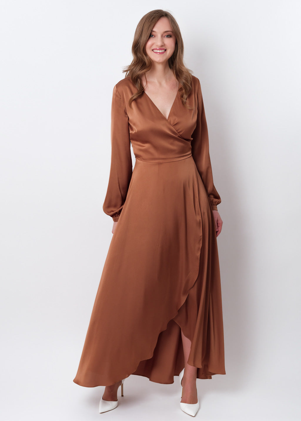 Copper gold silk long wrap dress