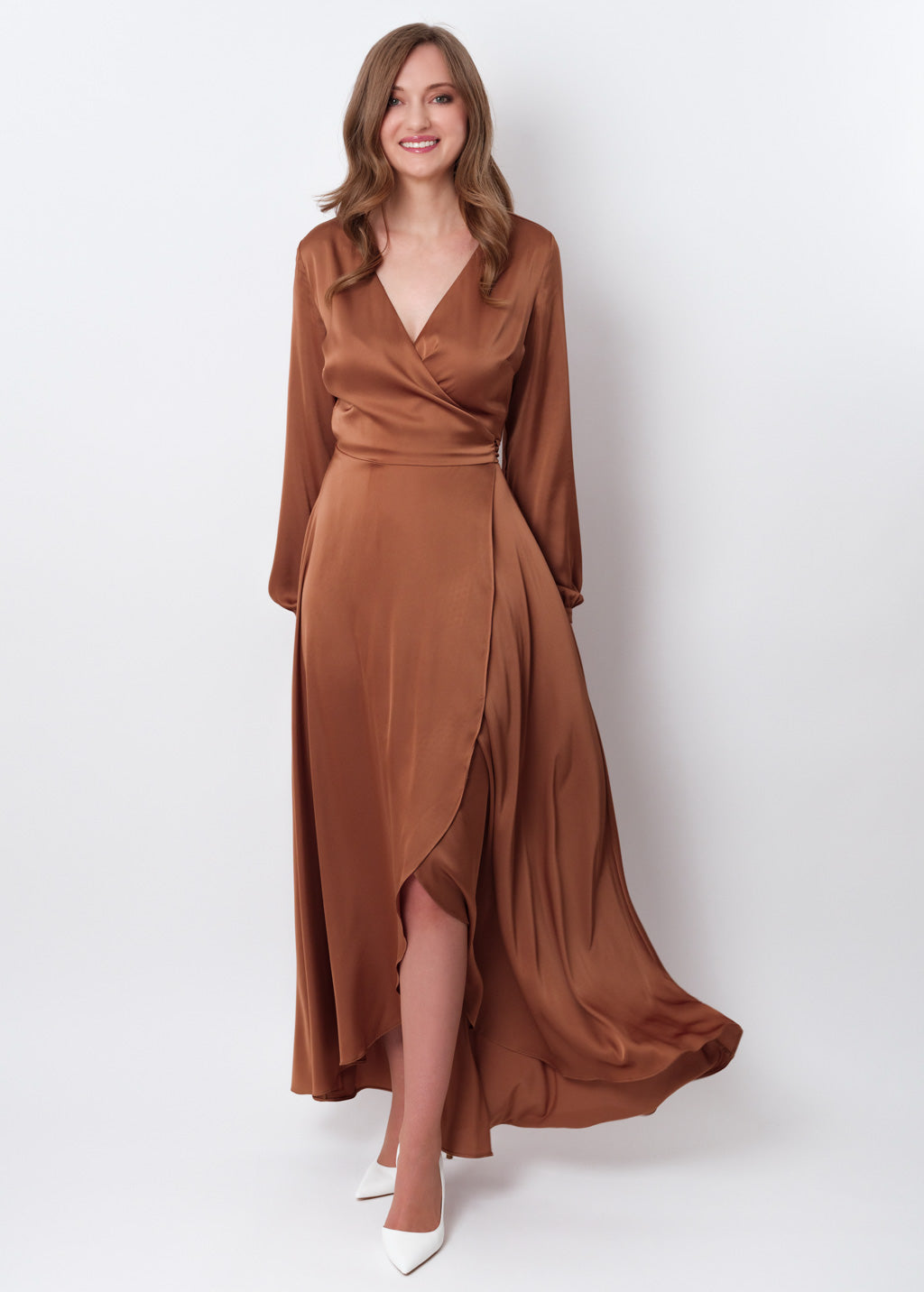 Copper gold silk long wrap dress