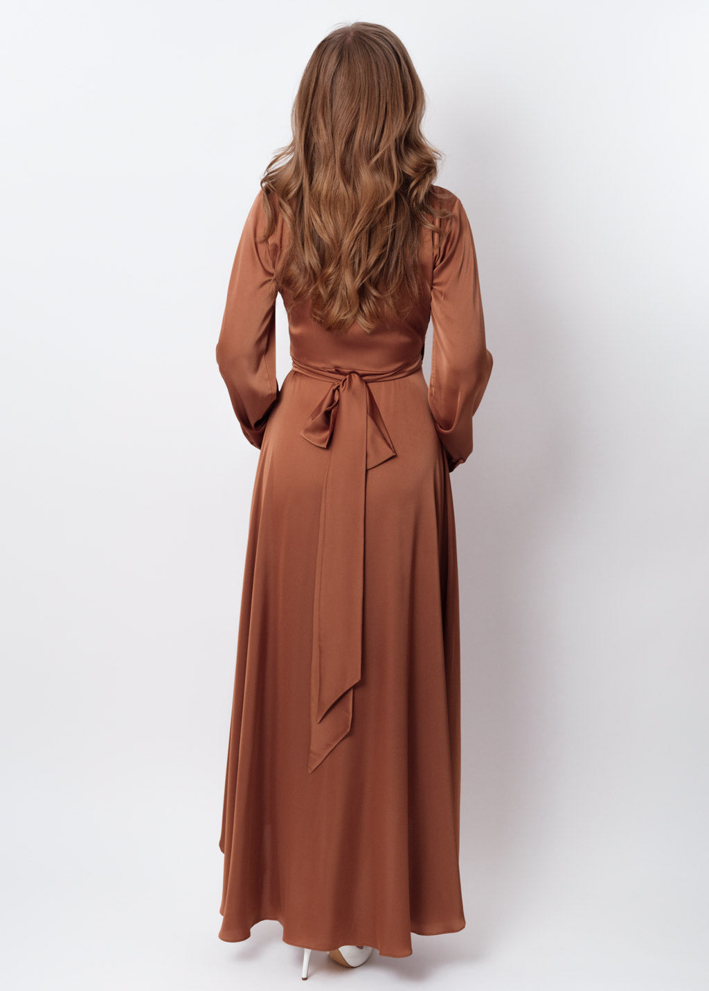 Copper gold silk long wrap dress