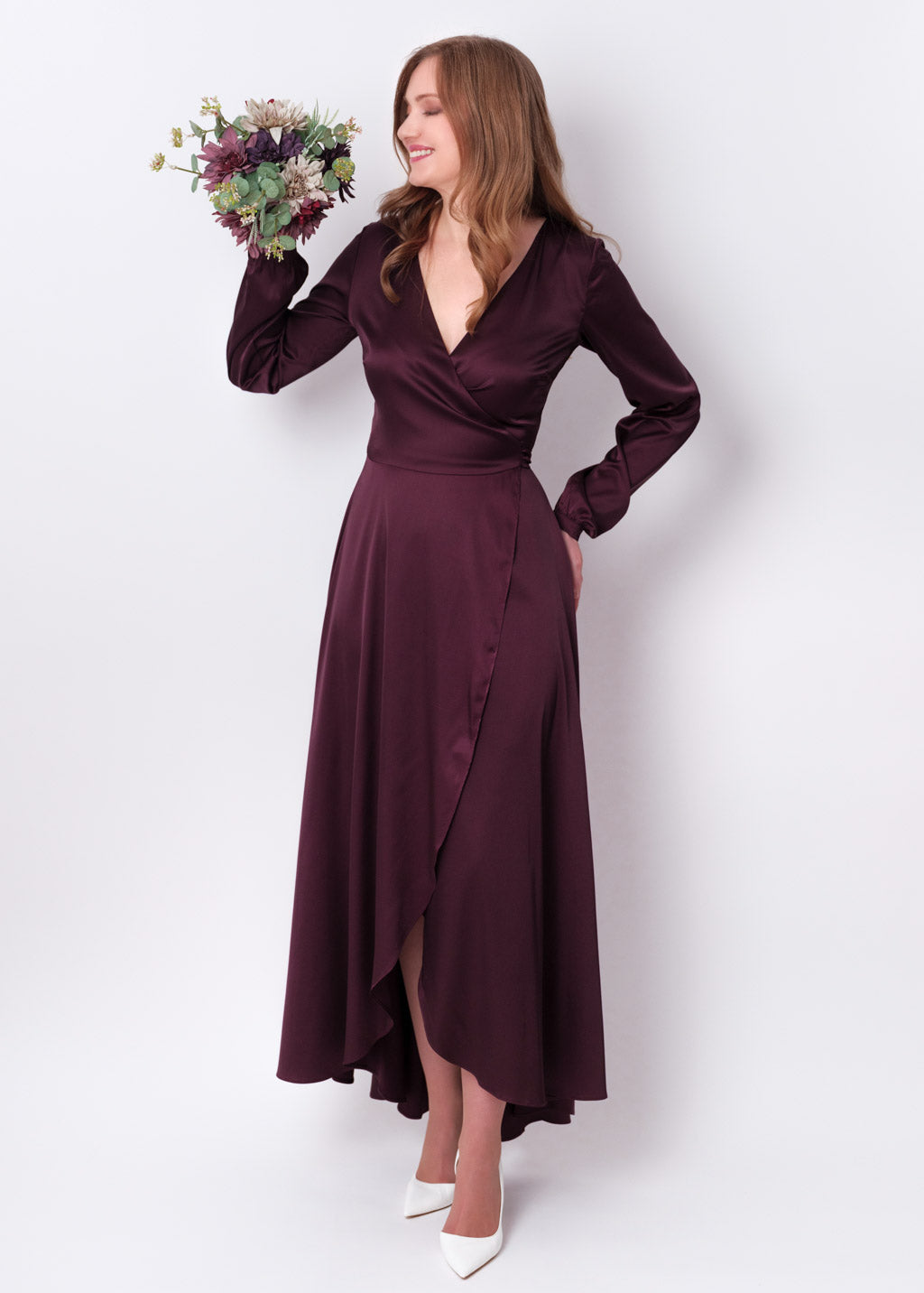 Dark burgundy silk long wrap dress