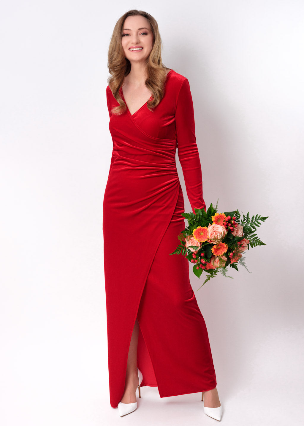 Red long wrap bodycon velvet dress