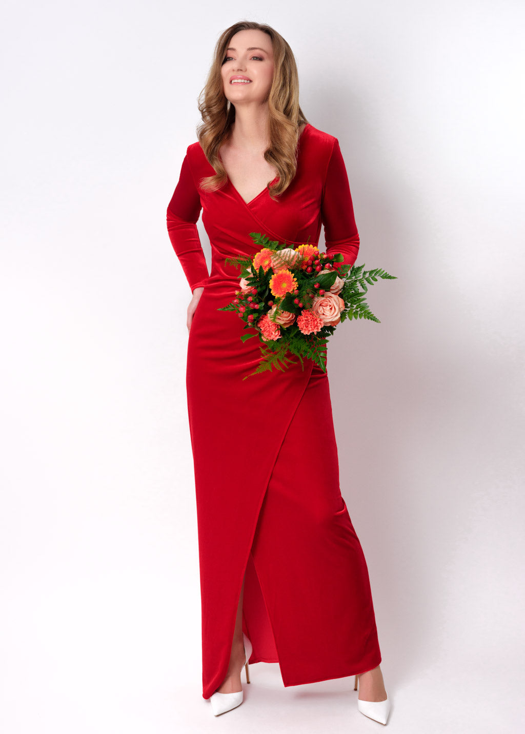 Red long wrap bodycon velvet dress
