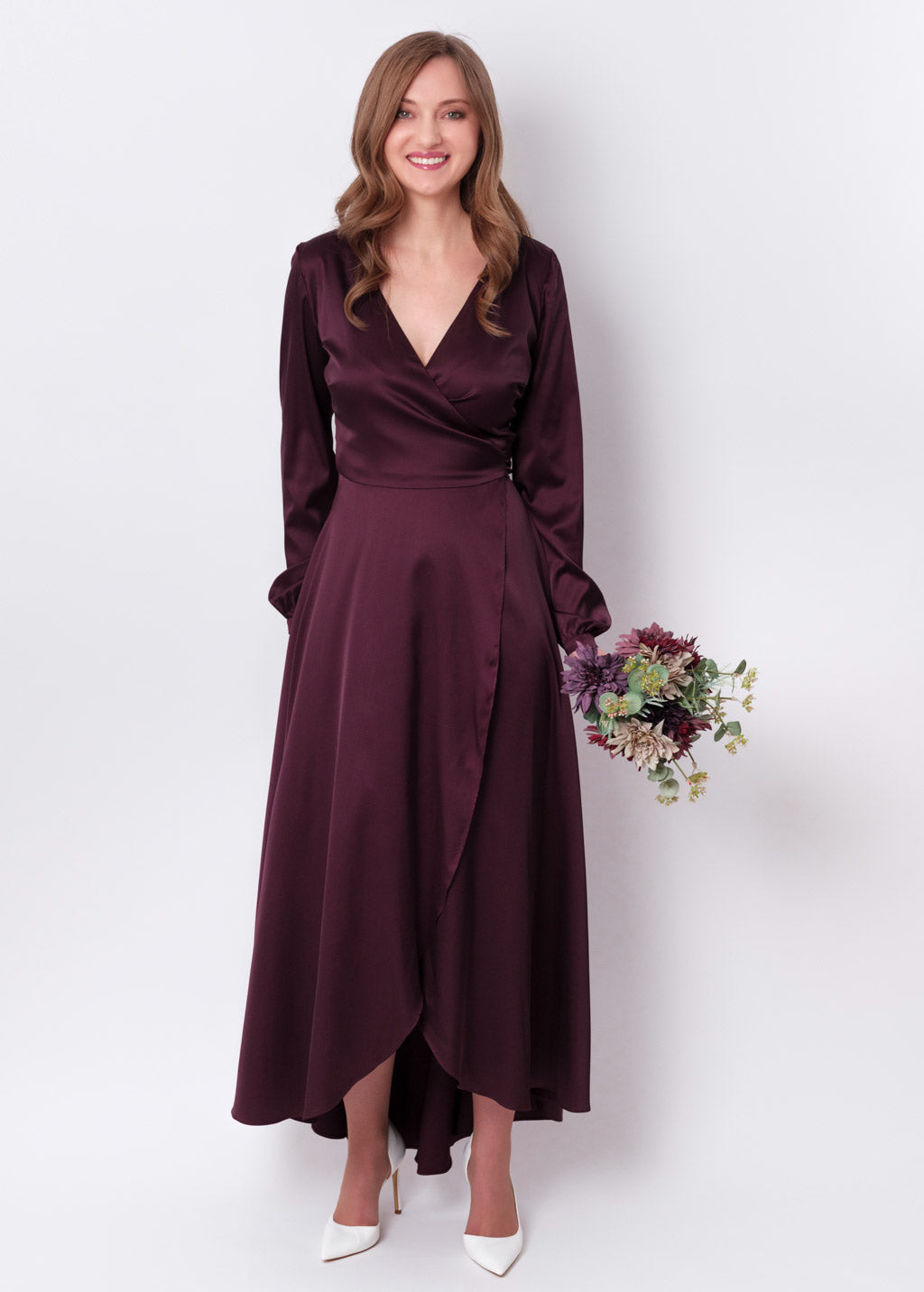 Dark burgundy silk long wrap dress