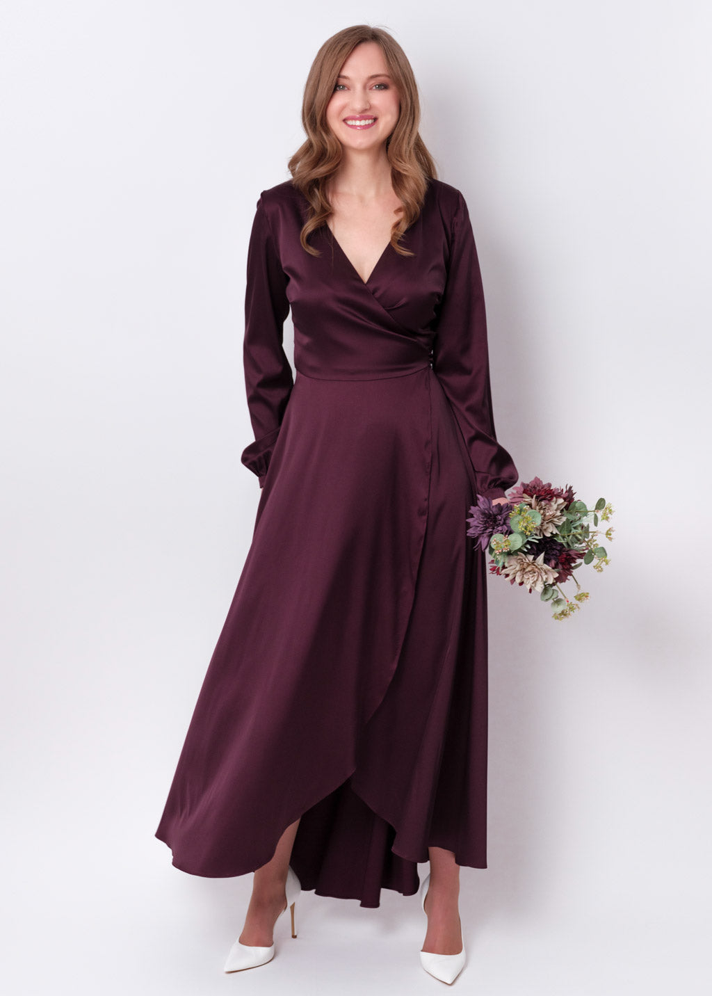 Dark burgundy silk long wrap dress