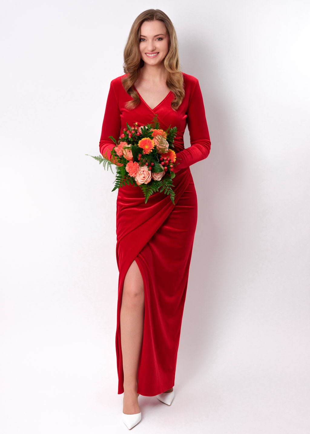 Red long wrap bodycon velvet dress